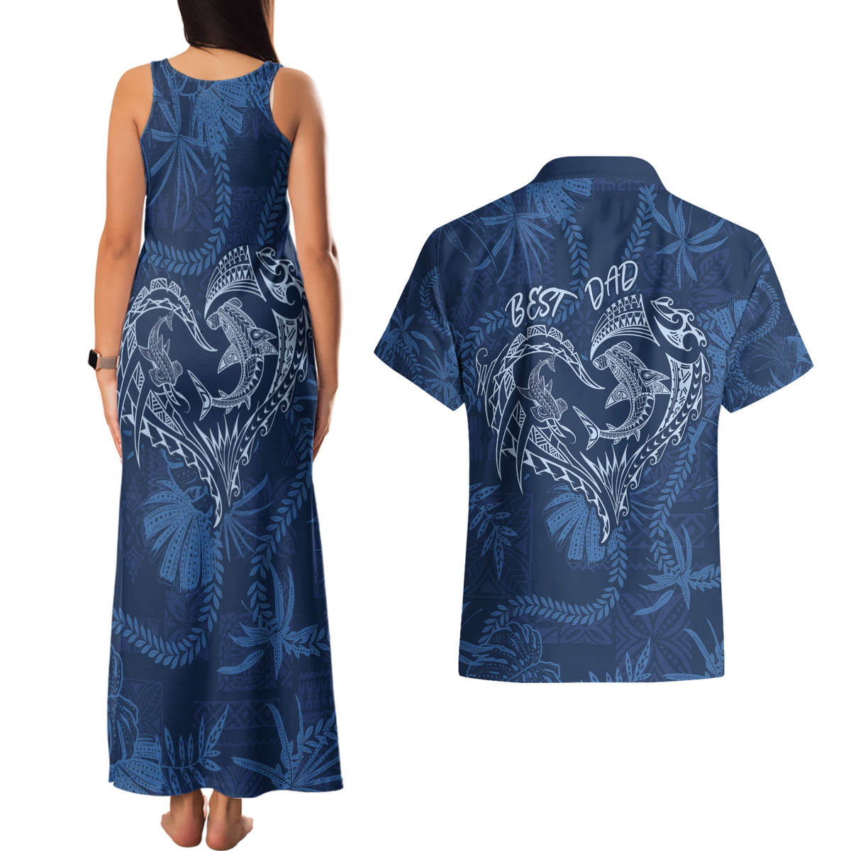 Hawaii Father's Day Vintage Lei Couples Matching Tank Maxi Dress and Hawaiian Shirt Hauoli la Makuakane - Blue