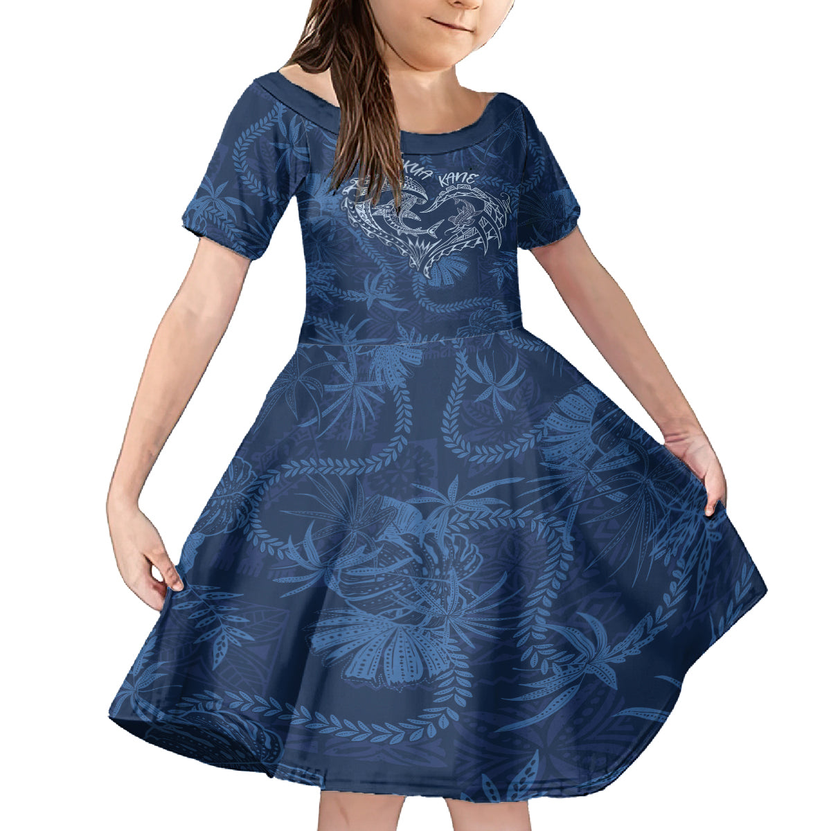 Hawaii Father's Day Vintage Lei Family Matching Off Shoulder Maxi Dress and Hawaiian Shirt Hauoli la Makuakane - Blue LT7 Daughter's Dress Blue - Polynesian Pride