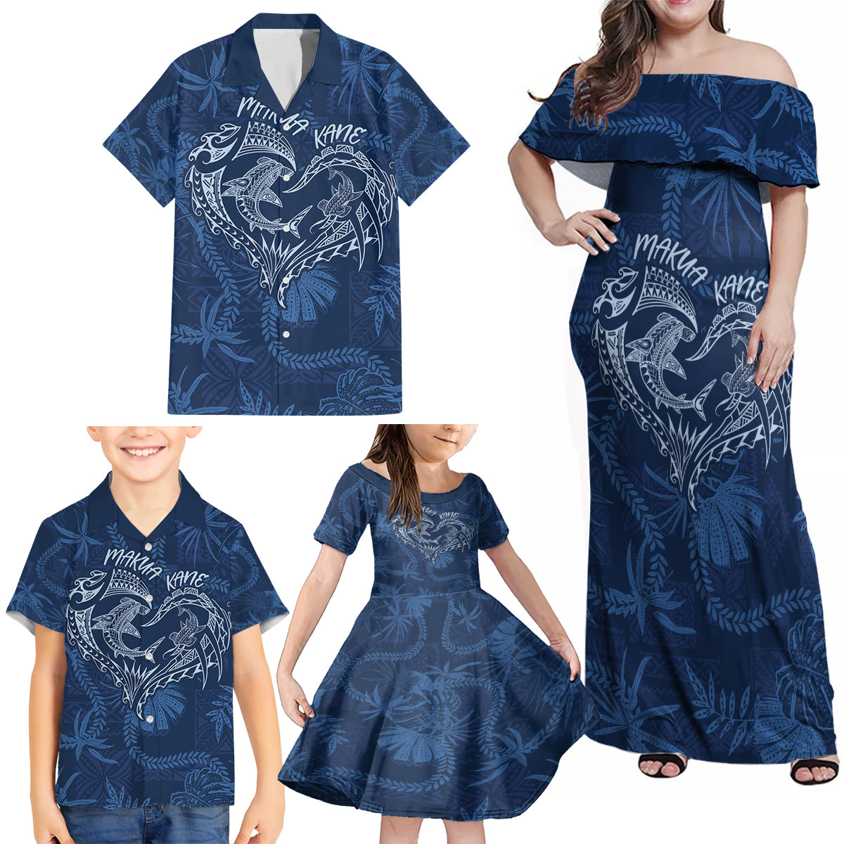 Hawaii Father's Day Vintage Lei Family Matching Off Shoulder Maxi Dress and Hawaiian Shirt Hauoli la Makuakane - Blue LT7 - Polynesian Pride