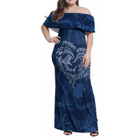 Hawaii Father's Day Vintage Lei Family Matching Off Shoulder Maxi Dress and Hawaiian Shirt Hauoli la Makuakane - Blue LT7 Mom's Dress Blue - Polynesian Pride