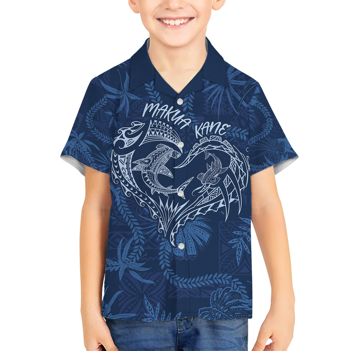 Hawaii Father's Day Vintage Lei Family Matching Off Shoulder Maxi Dress and Hawaiian Shirt Hauoli la Makuakane - Blue LT7 Son's Shirt Blue - Polynesian Pride