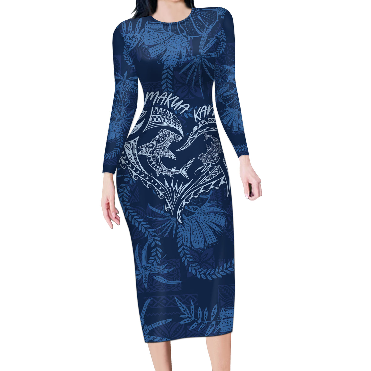 Hawaii Father's Day Vintage Lei Long Sleeve Bodycon Dress Hauoli la Makuakane - Blue LT7 Long Dress Blue - Polynesian Pride