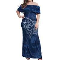Hawaii Father's Day Vintage Lei Off Shoulder Maxi Dress Hauoli la Makuakane - Blue LT7 Women Blue - Polynesian Pride