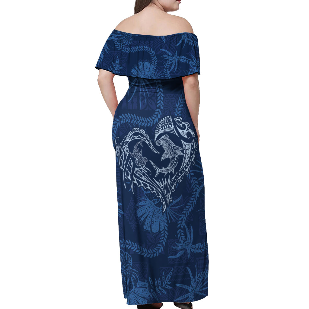 Hawaii Father's Day Vintage Lei Off Shoulder Maxi Dress Hauoli la Makuakane - Blue LT7 - Polynesian Pride