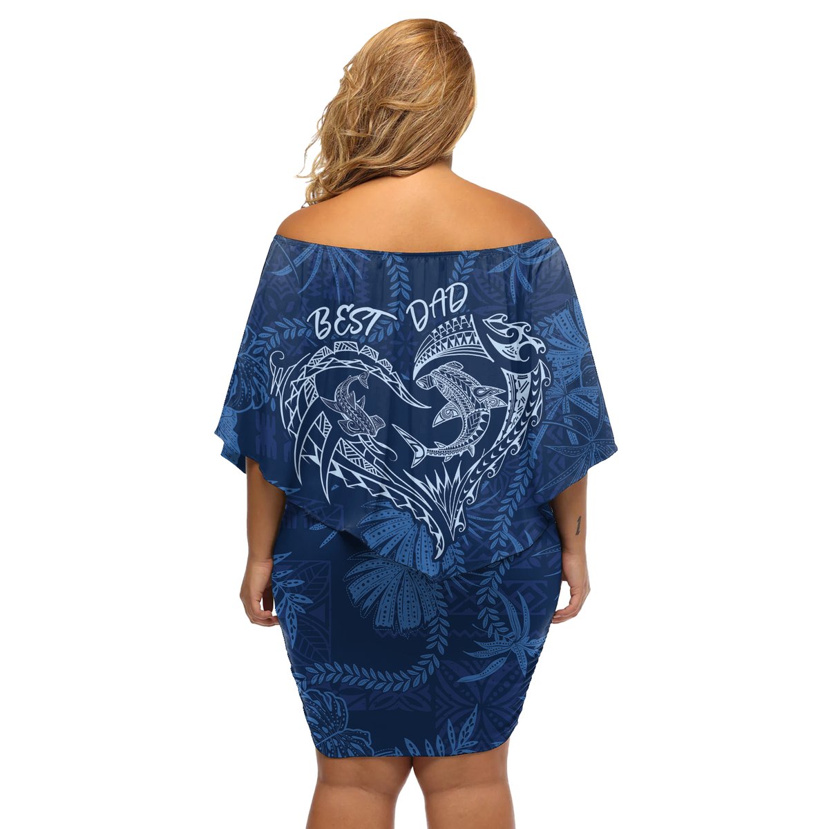 Hawaii Father's Day Vintage Lei Off Shoulder Short Dress Hauoli la Makuakane - Blue LT7 - Polynesian Pride