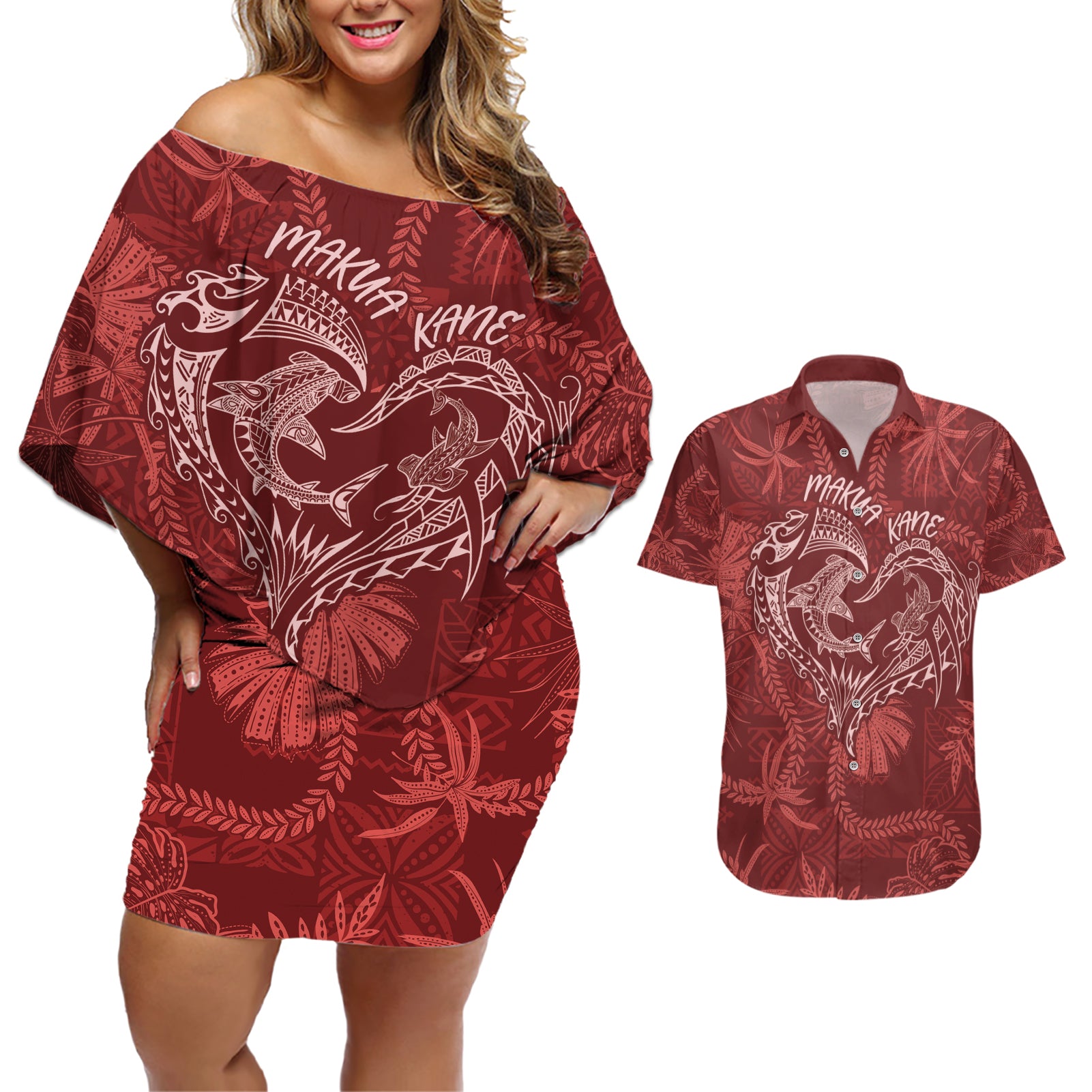 Hawaii Father's Day Vintage Lei Couples Matching Off Shoulder Short Dress and Hawaiian Shirt Hauoli la Makuakane - Red