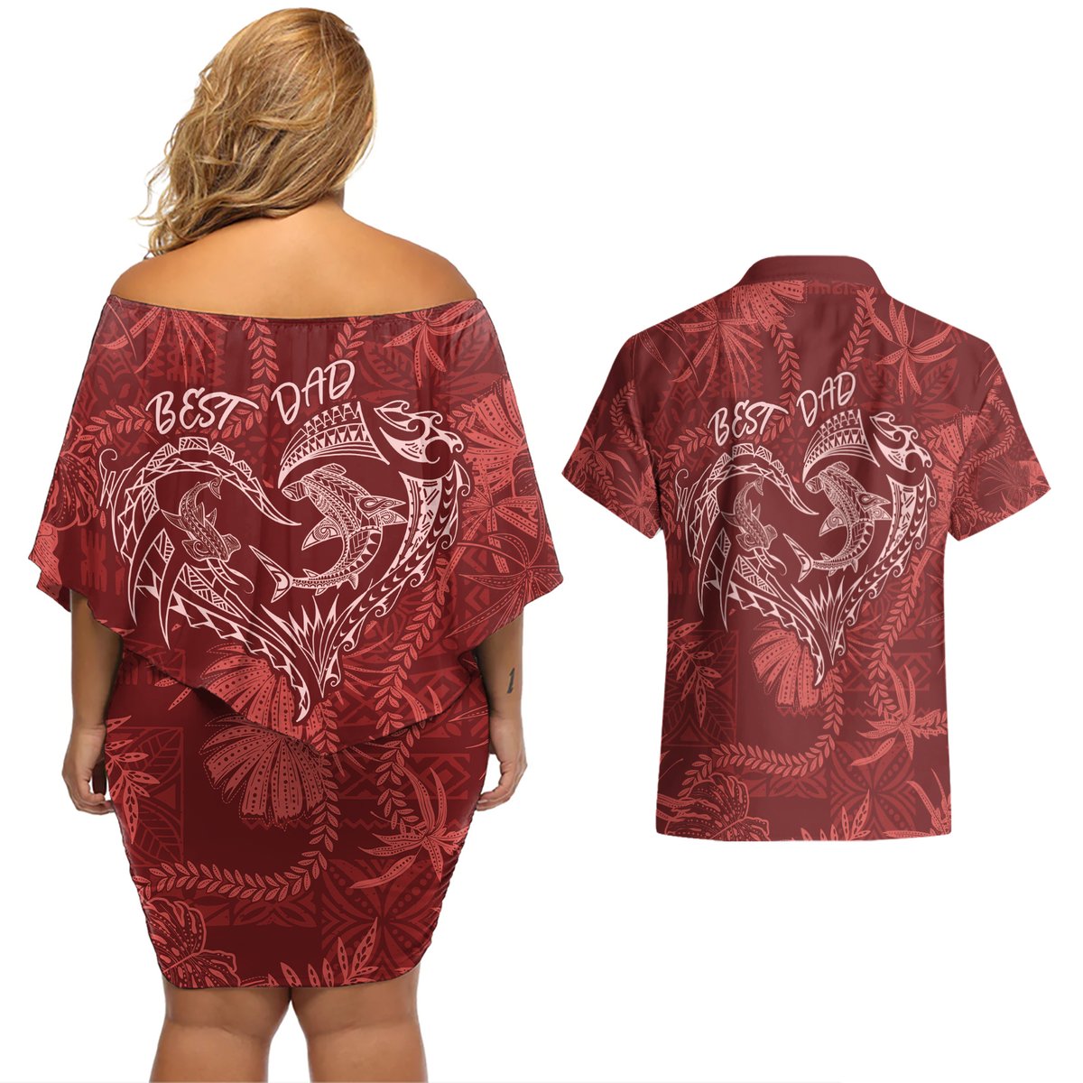 Hawaii Father's Day Vintage Lei Couples Matching Off Shoulder Short Dress and Hawaiian Shirt Hauoli la Makuakane - Red