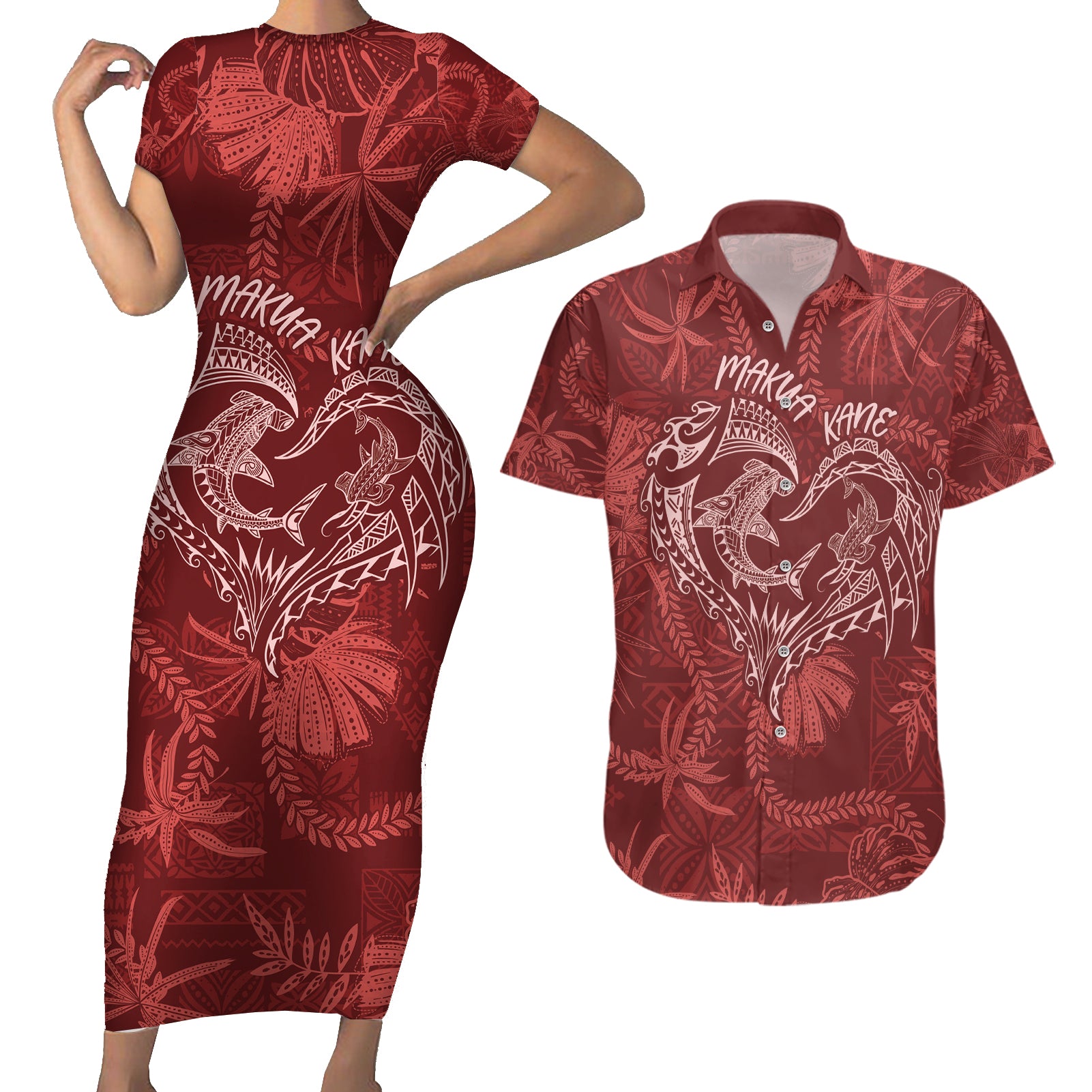 Hawaii Father's Day Vintage Lei Couples Matching Short Sleeve Bodycon Dress and Hawaiian Shirt Hauoli la Makuakane - Red