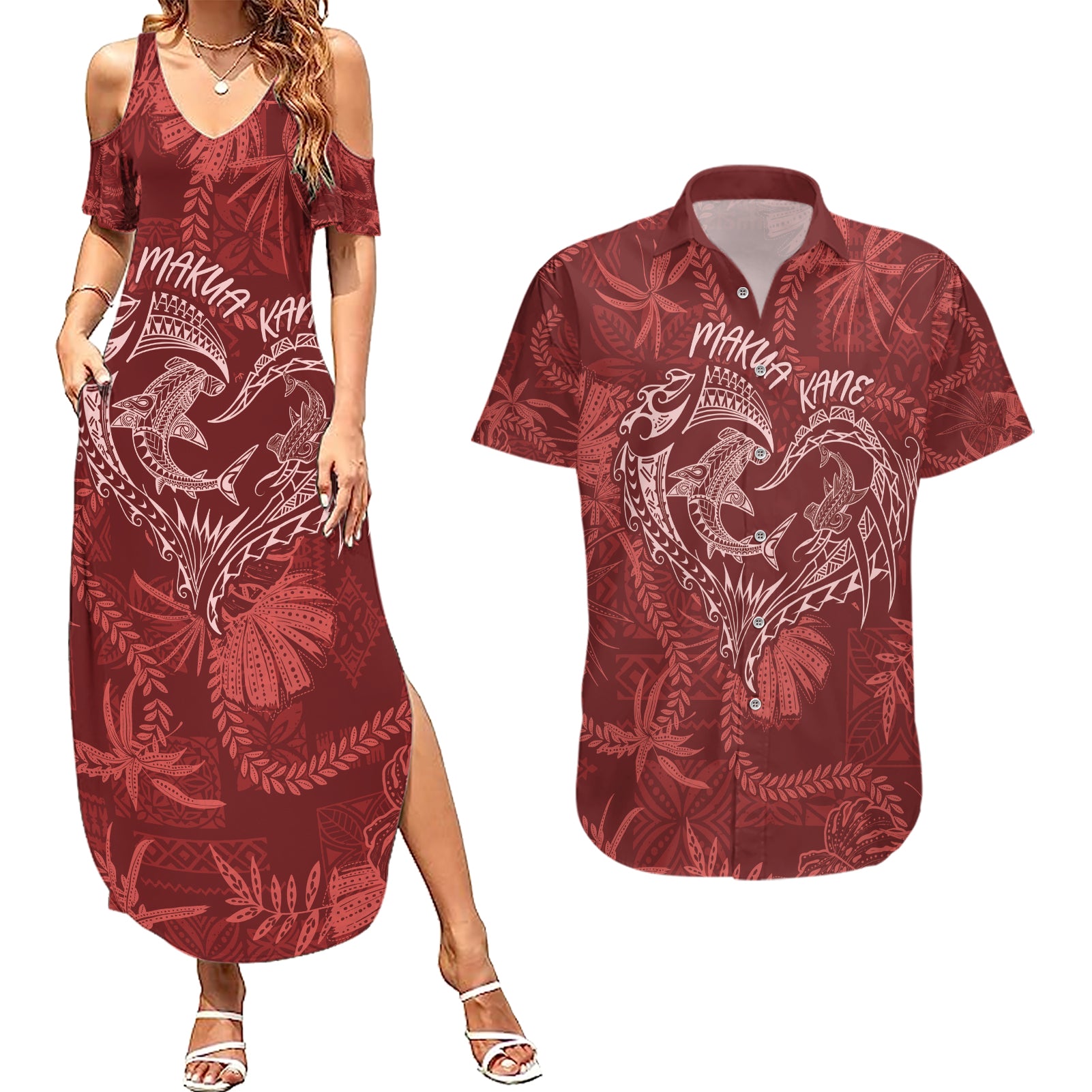 Hawaii Father's Day Vintage Lei Couples Matching Summer Maxi Dress and Hawaiian Shirt Hauoli la Makuakane - Red