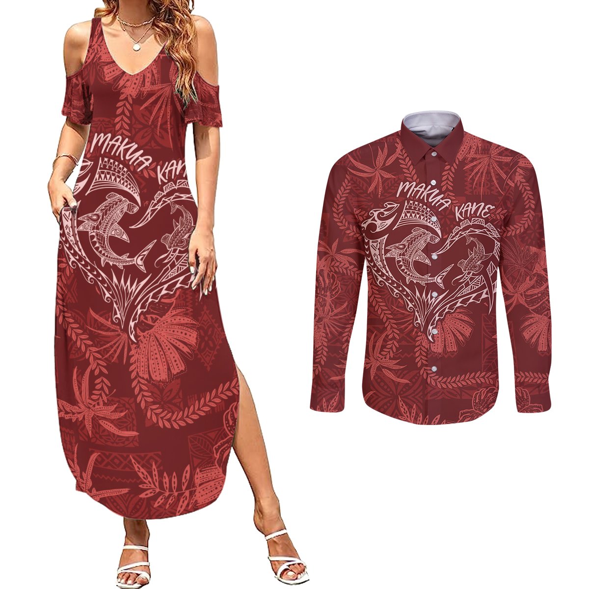 Hawaii Father's Day Vintage Lei Couples Matching Summer Maxi Dress and Long Sleeve Button Shirt Hauoli la Makuakane - Red LT7 Red - Polynesian Pride