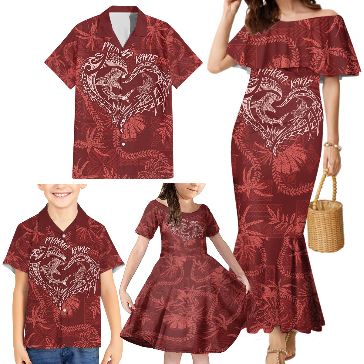 Hawaii Father's Day Vintage Lei Family Matching Mermaid Dress and Hawaiian Shirt Hauoli la Makuakane - Red LT7 - Polynesian Pride