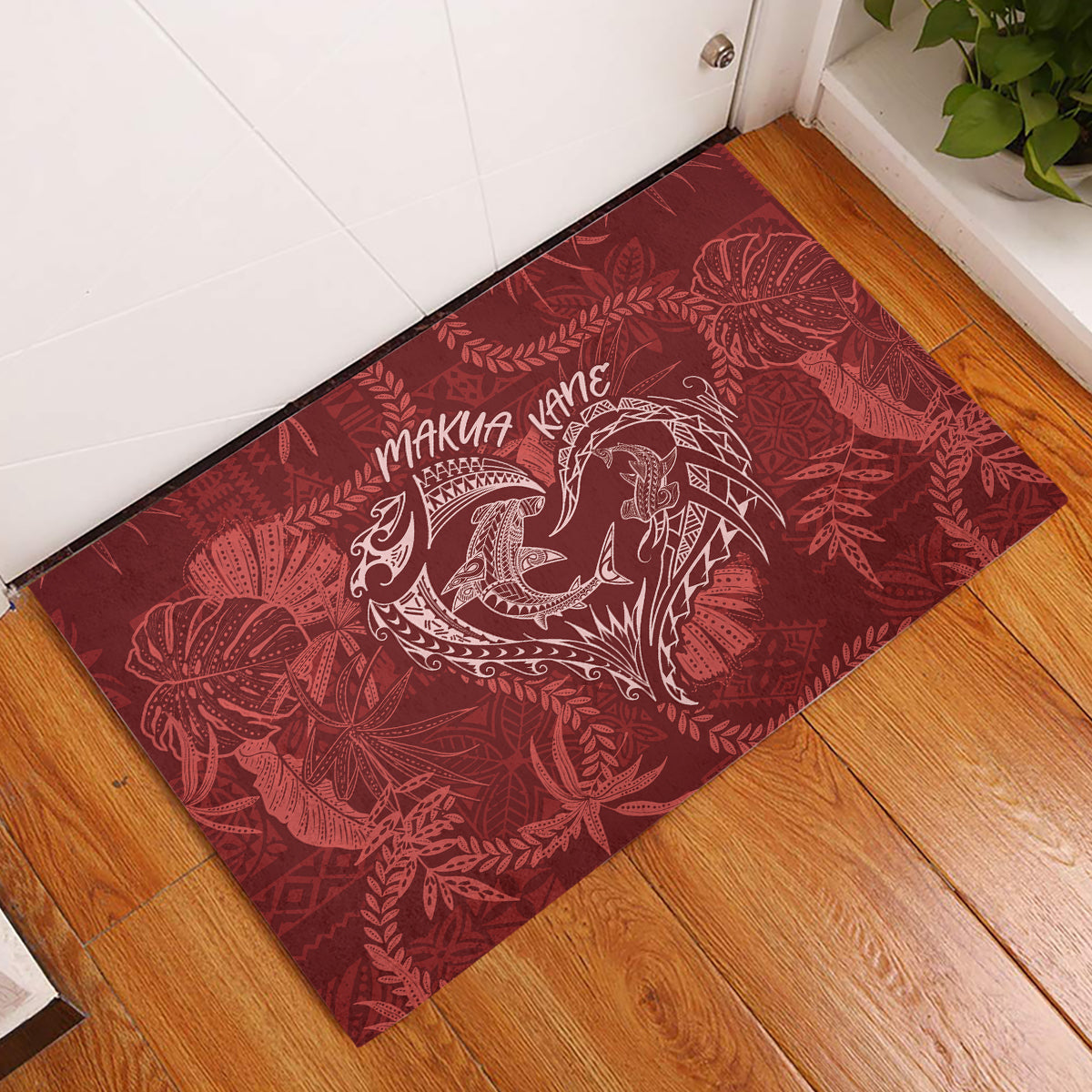 Hawaii Father's Day Vintage Lei Rubber Doormat Hauoli la Makuakane - Red