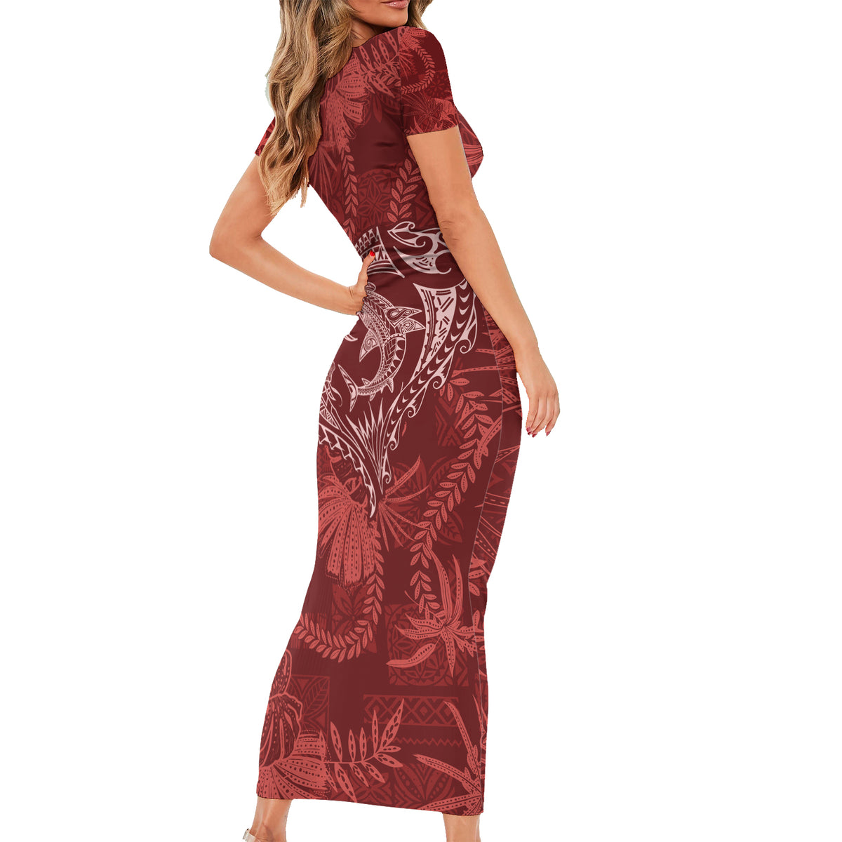 Hawaii Father's Day Vintage Lei Short Sleeve Bodycon Dress Hauoli la Makuakane - Red LT7 - Polynesian Pride