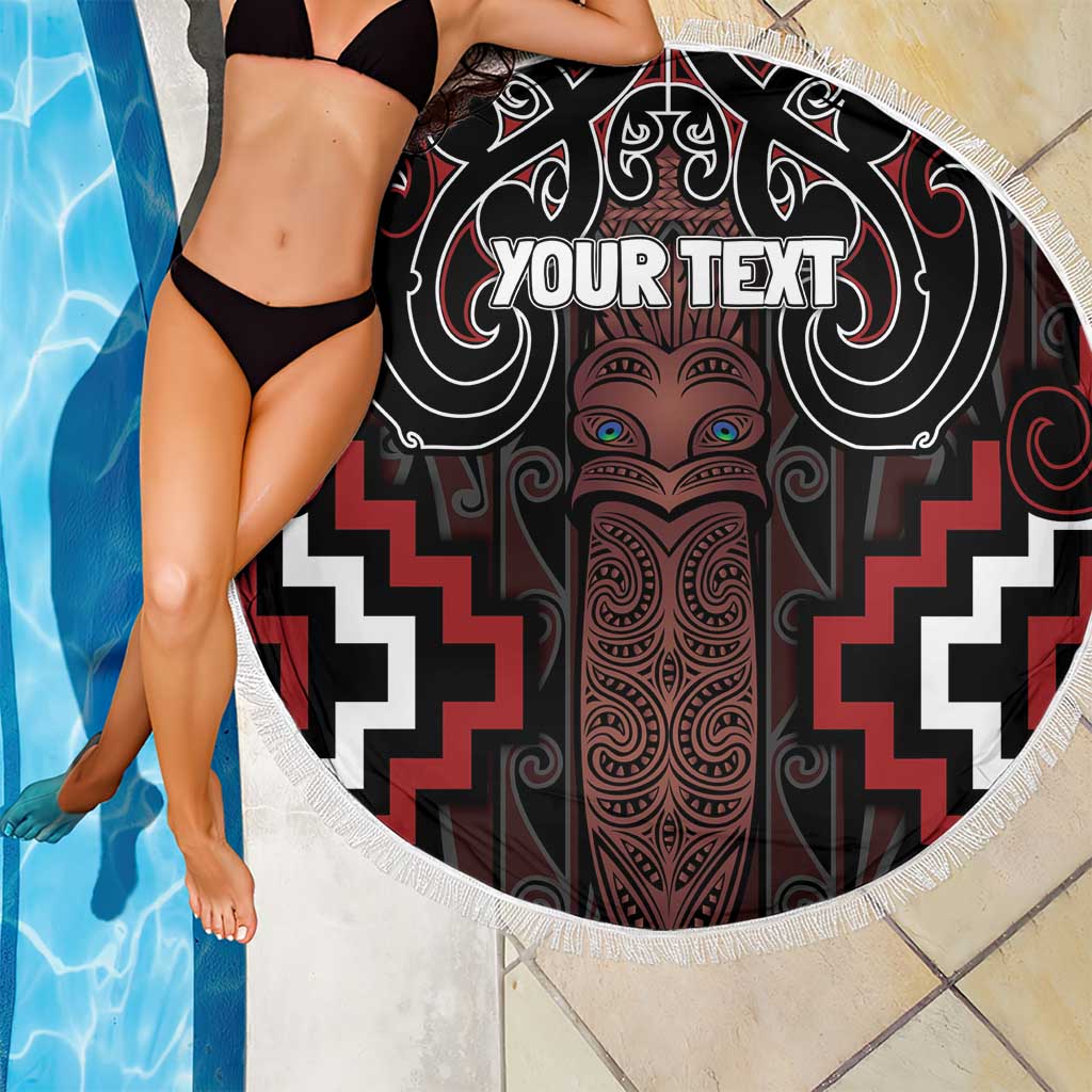 Maori Taiaha Whakairo Personalized Beach Blanket Red Poutama Motifs