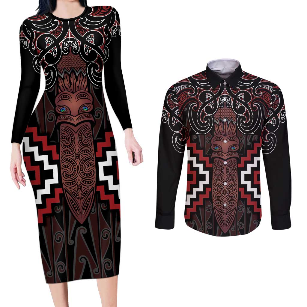 Maori Taiaha Whakairo Personalized Couples Matching Long Sleeve Bodycon Dress and Long Sleeve Button Shirt Red Poutama Motifs LT7 Red - Polynesian Pride
