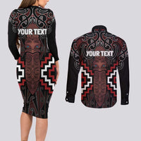 Maori Taiaha Whakairo Personalized Couples Matching Long Sleeve Bodycon Dress and Long Sleeve Button Shirt Red Poutama Motifs LT7 - Polynesian Pride