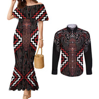 Maori Taiaha Whakairo Personalized Couples Matching Mermaid Dress and Long Sleeve Button Shirt Red Poutama Motifs LT7 Red - Polynesian Pride