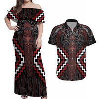 Maori Taiaha Whakairo Personalized Couples Matching Off Shoulder Maxi Dress and Hawaiian Shirt Red Poutama Motifs LT7 Red - Polynesian Pride