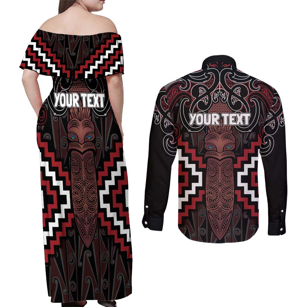 Maori Taiaha Whakairo Personalized Couples Matching Off Shoulder Maxi Dress and Long Sleeve Button Shirt Red Poutama Motifs LT7 - Polynesian Pride