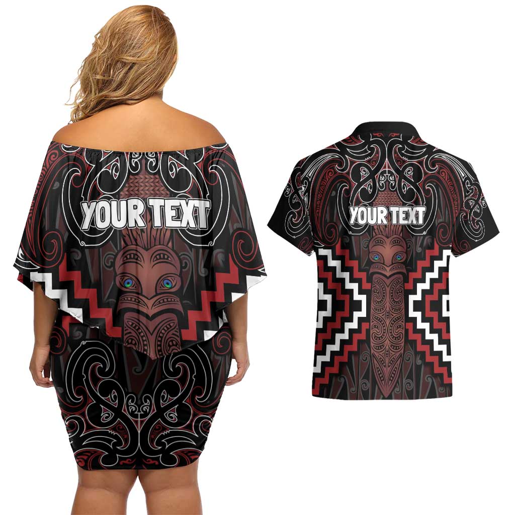 Maori Taiaha Whakairo Personalized Couples Matching Off Shoulder Short Dress and Hawaiian Shirt Red Poutama Motifs LT7 - Polynesian Pride