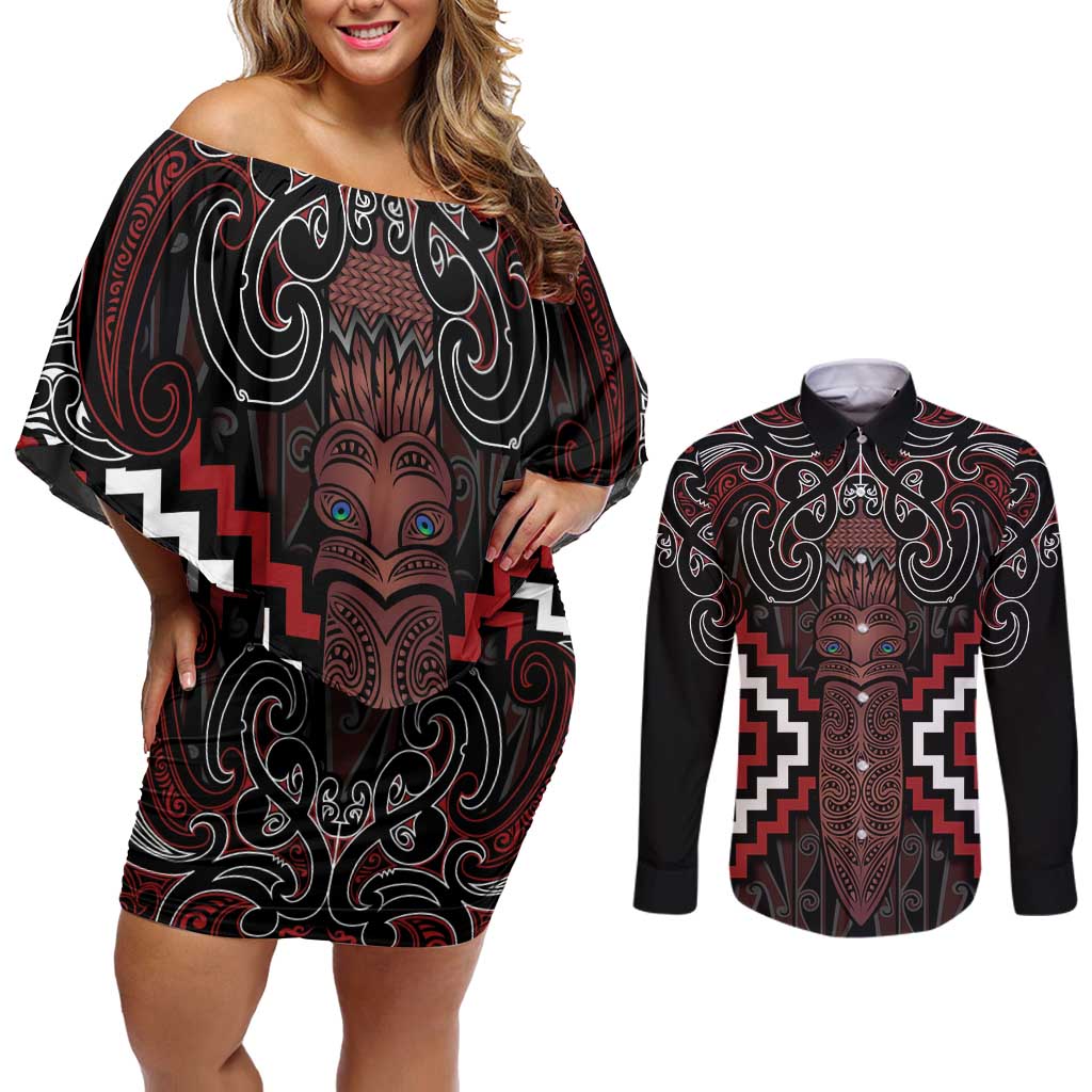Maori Taiaha Whakairo Personalized Couples Matching Off Shoulder Short Dress and Long Sleeve Button Shirt Red Poutama Motifs LT7 Red - Polynesian Pride