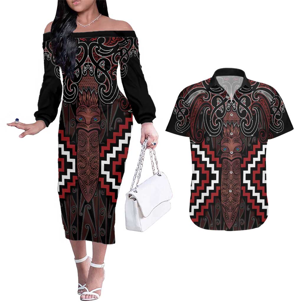Maori Taiaha Whakairo Personalized Couples Matching Off The Shoulder Long Sleeve Dress and Hawaiian Shirt Red Poutama Motifs