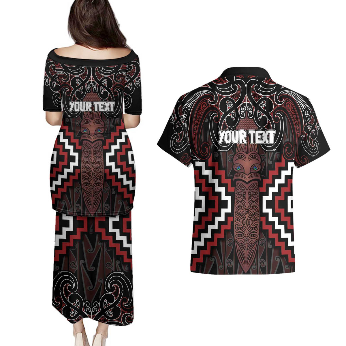 Maori Taiaha Whakairo Personalized Couples Matching Puletasi and Hawaiian Shirt Red Poutama Motifs LT7 - Polynesian Pride