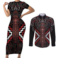 Maori Taiaha Whakairo Personalized Couples Matching Short Sleeve Bodycon Dress and Long Sleeve Button Shirt Red Poutama Motifs LT7 Red - Polynesian Pride