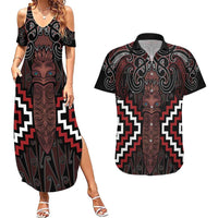 Maori Taiaha Whakairo Personalized Couples Matching Summer Maxi Dress and Hawaiian Shirt Red Poutama Motifs LT7 Red - Polynesian Pride