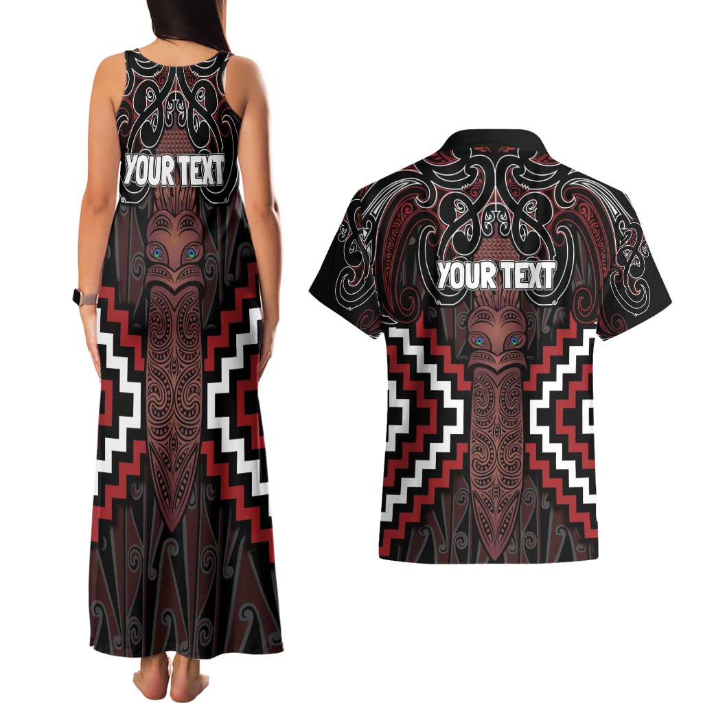 Maori Taiaha Whakairo Personalized Couples Matching Tank Maxi Dress and Hawaiian Shirt Red Poutama Motifs LT7 - Polynesian Pride