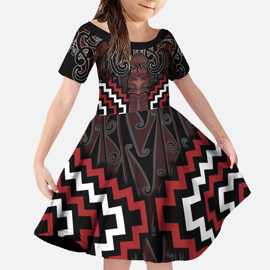 Maori Taiaha Whakairo Personalized Family Matching Long Sleeve Bodycon Dress and Hawaiian Shirt Red Poutama Motifs LT7 Daughter's Dress Red - Polynesian Pride