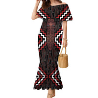 Maori Taiaha Whakairo Personalized Family Matching Mermaid Dress and Hawaiian Shirt Red Poutama Motifs LT7 Mom's Dress Red - Polynesian Pride