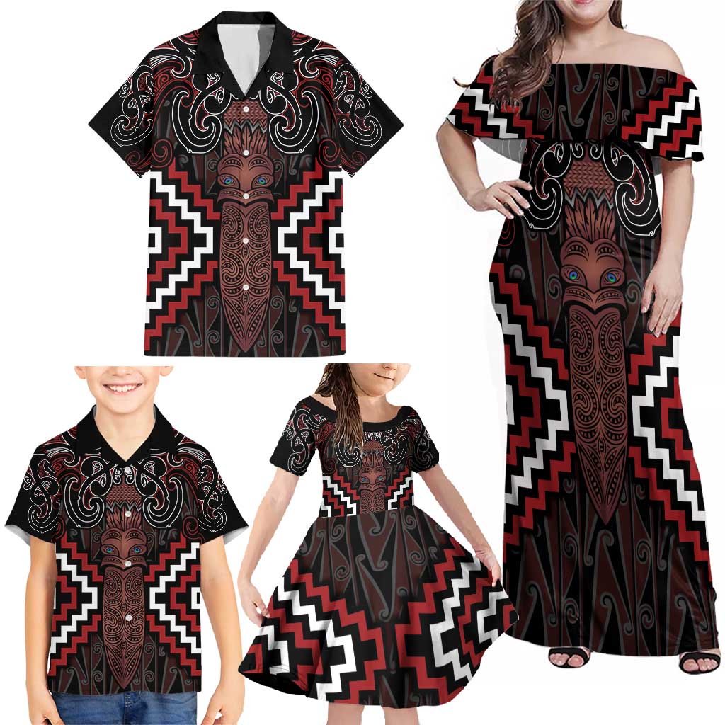 Maori Taiaha Whakairo Personalized Family Matching Off Shoulder Maxi Dress and Hawaiian Shirt Red Poutama Motifs