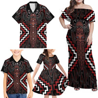 Maori Taiaha Whakairo Personalized Family Matching Off Shoulder Maxi Dress and Hawaiian Shirt Red Poutama Motifs
