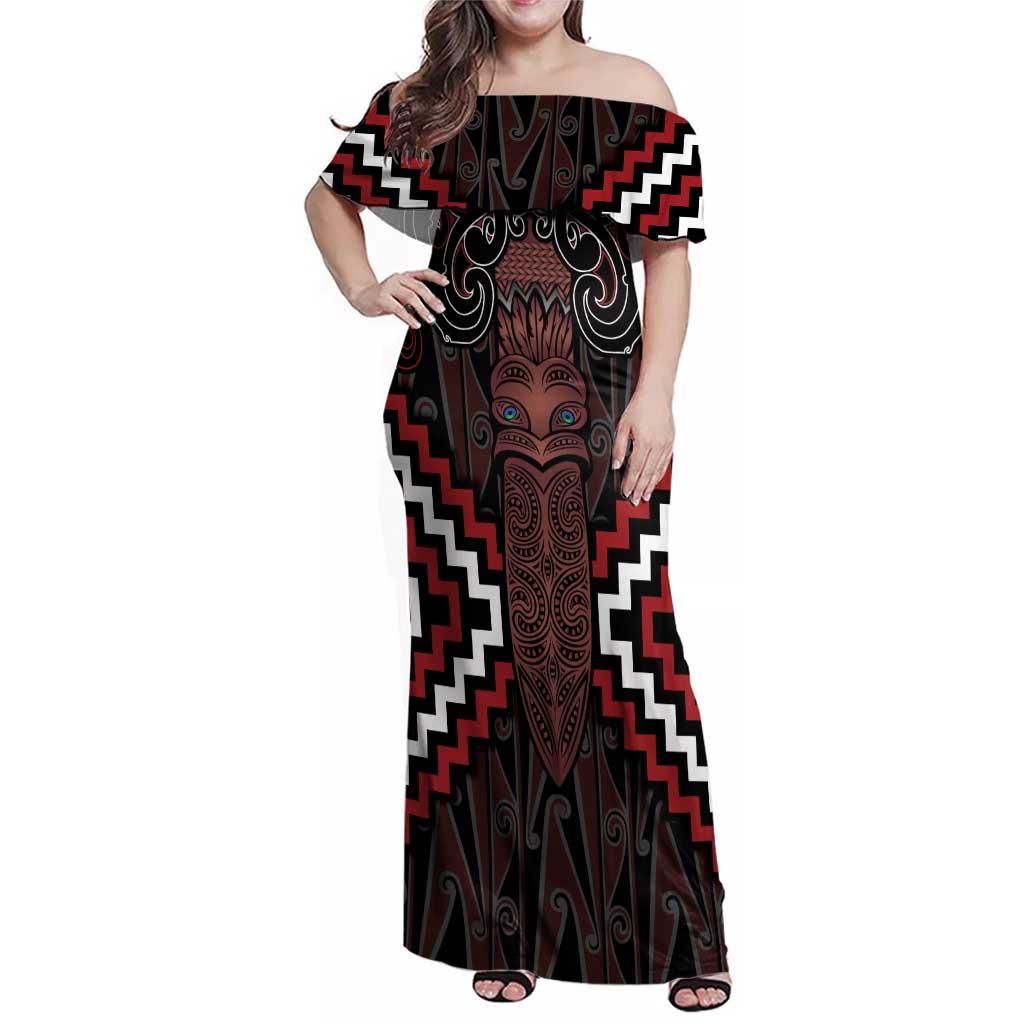 Maori Taiaha Whakairo Personalized Family Matching Off Shoulder Maxi Dress and Hawaiian Shirt Red Poutama Motifs