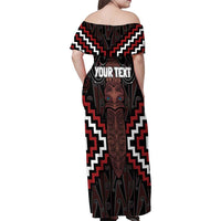 Maori Taiaha Whakairo Personalized Family Matching Off Shoulder Maxi Dress and Hawaiian Shirt Red Poutama Motifs
