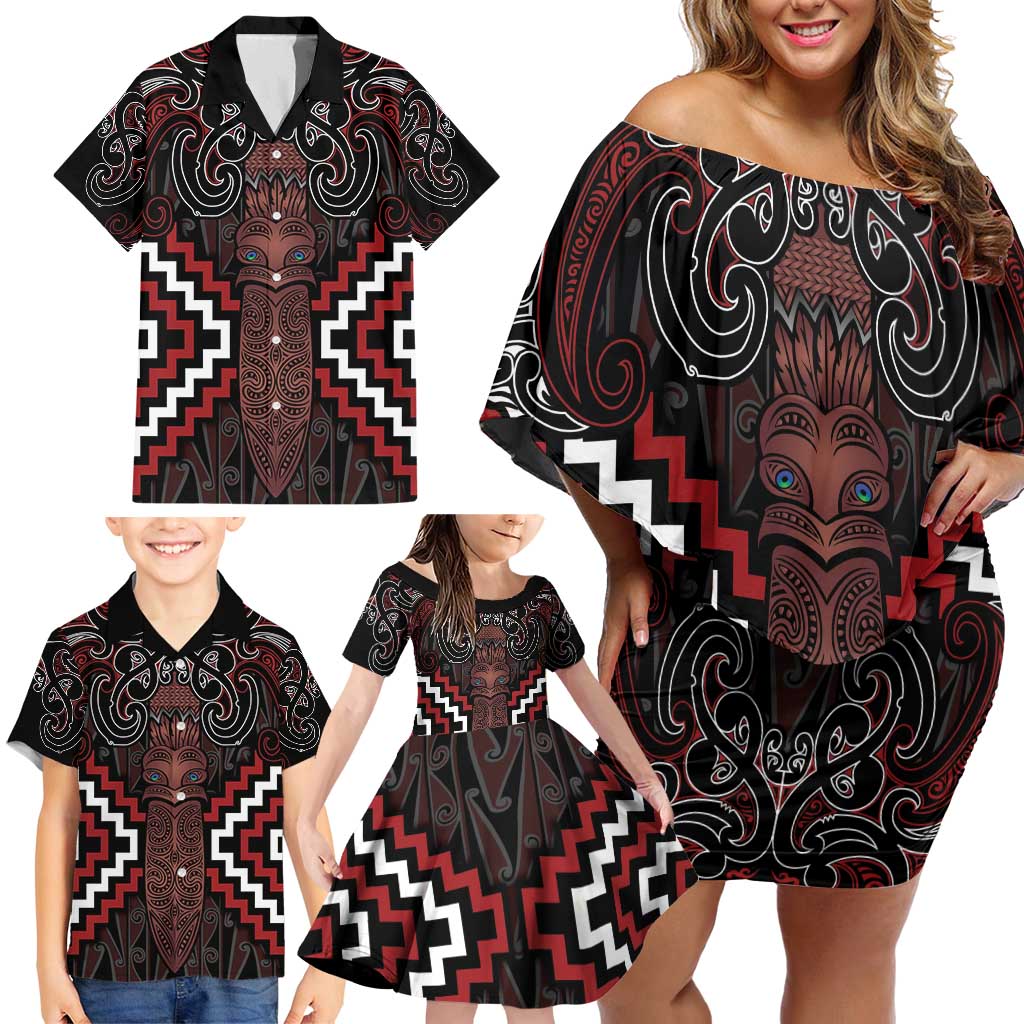Maori Taiaha Whakairo Personalized Family Matching Off Shoulder Short Dress and Hawaiian Shirt Red Poutama Motifs