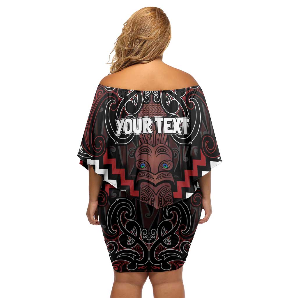 Maori Taiaha Whakairo Personalized Family Matching Off Shoulder Short Dress and Hawaiian Shirt Red Poutama Motifs
