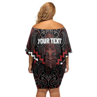 Maori Taiaha Whakairo Personalized Family Matching Off Shoulder Short Dress and Hawaiian Shirt Red Poutama Motifs