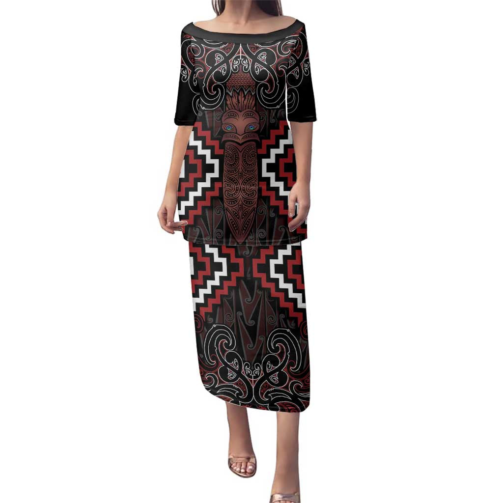 Maori Taiaha Whakairo Personalized Family Matching Puletasi and Hawaiian Shirt Red Poutama Motifs