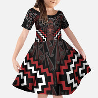 Maori Taiaha Whakairo Personalized Family Matching Short Sleeve Bodycon Dress and Hawaiian Shirt Red Poutama Motifs LT7 Daughter's Dress Red - Polynesian Pride