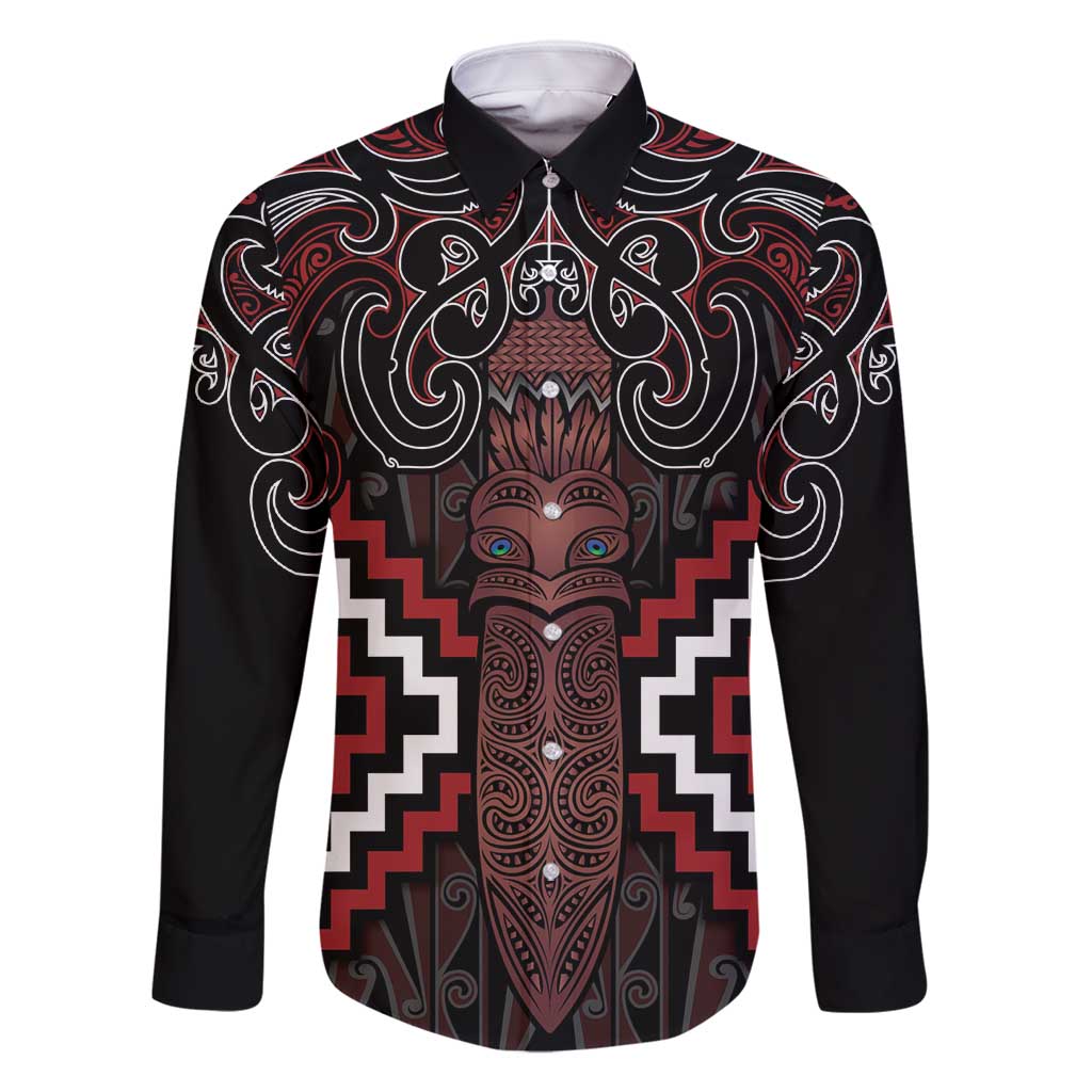 Maori Taiaha Whakairo Personalized Family Matching Tank Maxi Dress and Hawaiian Shirt Red Poutama Motifs LT7 Dad's Shirt - Long Sleeve Red - Polynesian Pride
