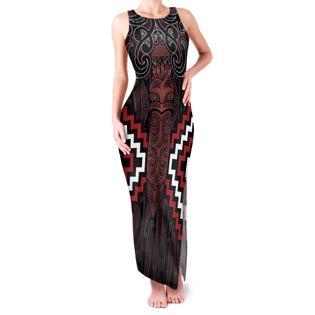 Maori Taiaha Whakairo Personalized Family Matching Tank Maxi Dress and Hawaiian Shirt Red Poutama Motifs LT7 Mom's Dress Red - Polynesian Pride