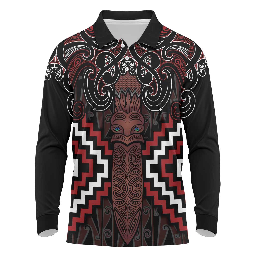 Maori Taiaha Whakairo Personalized Long Sleeve Polo Shirt Red Poutama Motifs