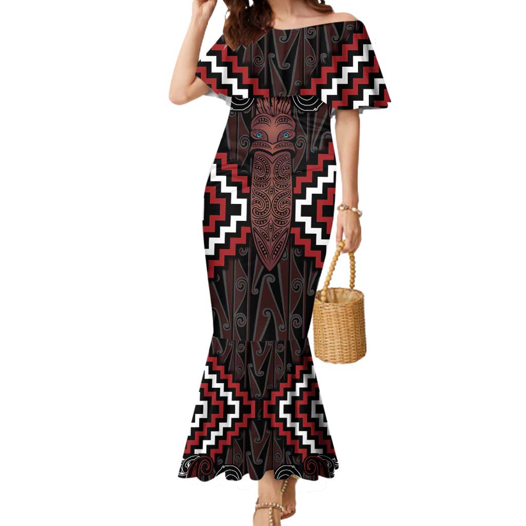 Maori Taiaha Whakairo Personalized Mermaid Dress Red Poutama Motifs