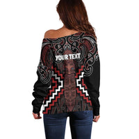 Maori Taiaha Whakairo Personalized Off Shoulder Sweater Red Poutama Motifs