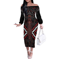 Maori Taiaha Whakairo Personalized Off The Shoulder Long Sleeve Dress Red Poutama Motifs