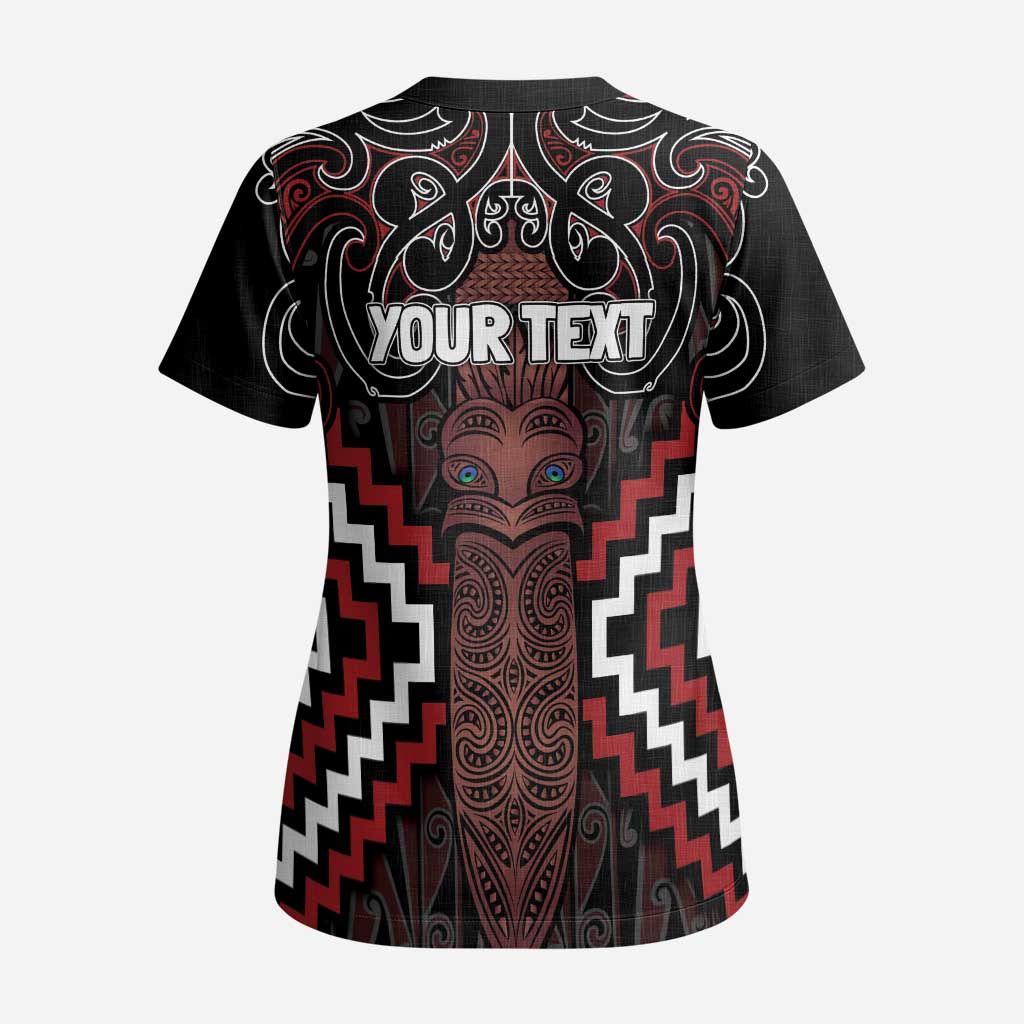 Maori Taiaha Whakairo Personalized Scrub Top Red Poutama Motifs - Polynesian Pride