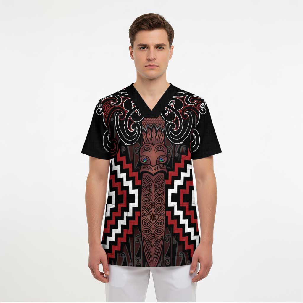 Maori Taiaha Whakairo Personalized Scrub Top Red Poutama Motifs - Polynesian Pride