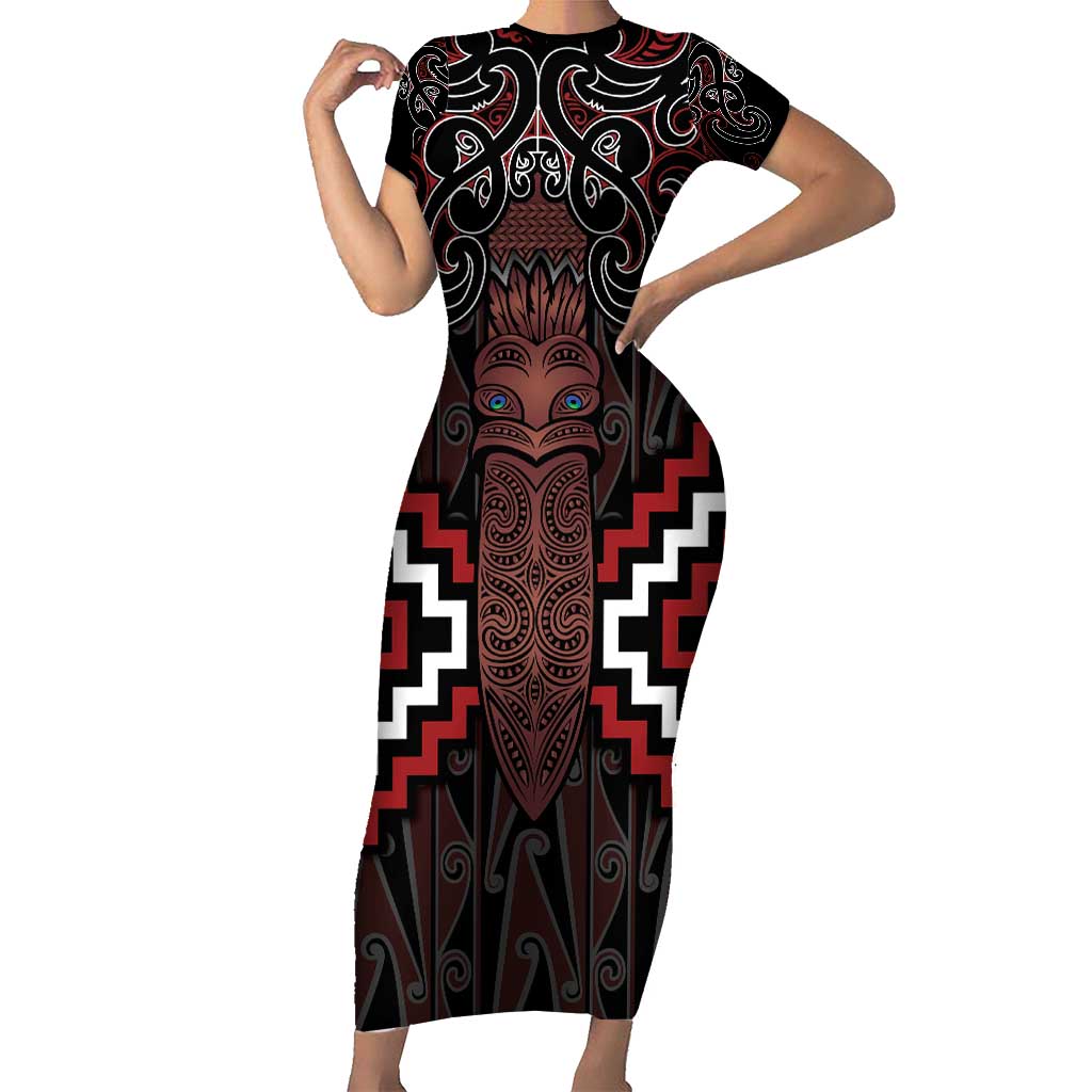Maori Taiaha Whakairo Personalized Short Sleeve Bodycon Dress Red Poutama Motifs